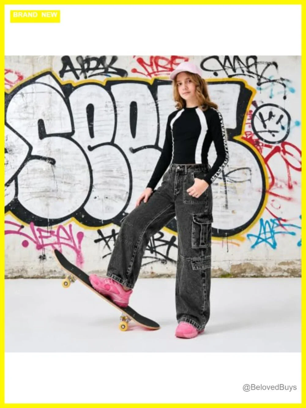 Girls Baggy Cargo Jeans Y2K Straight Leg Denim Pants Elastic Waist